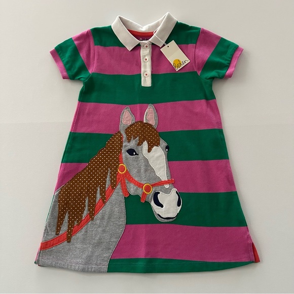 Boden 4-5 Girls Horse Polo Stripe Dress Pink Green Spring Summer NWT - Picture 1 of 5